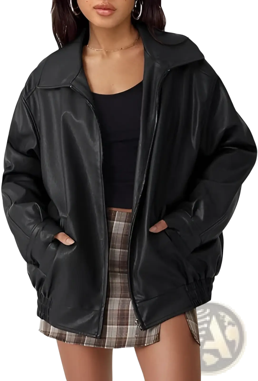Black faux leather motorcycle jacket plus size women’s bomber with relaxed fit and ribbed cuffs front view
