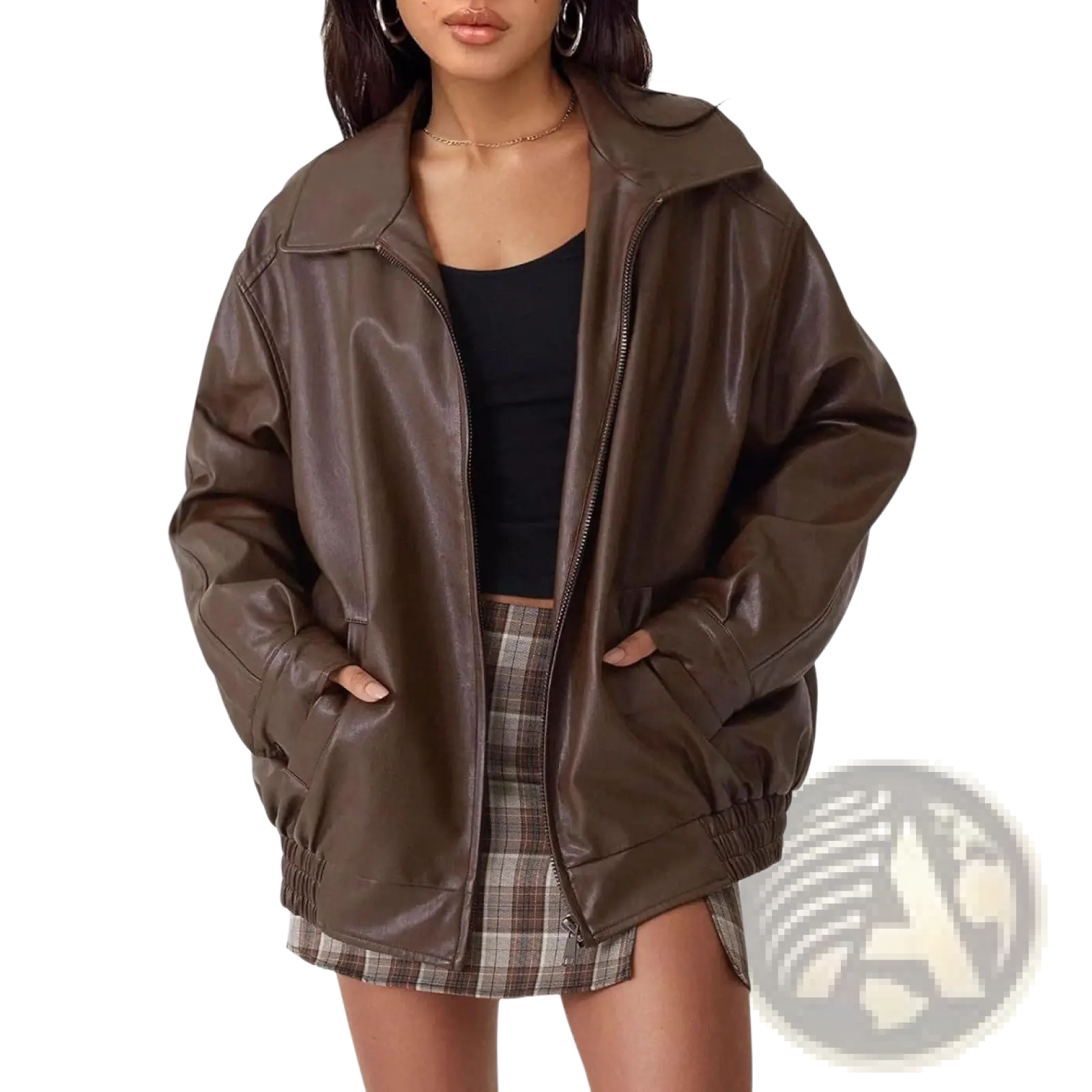 Brown faux leather plus size women’s bomber jacket with relaxed fit and ribbed cuffs for motorcycle style