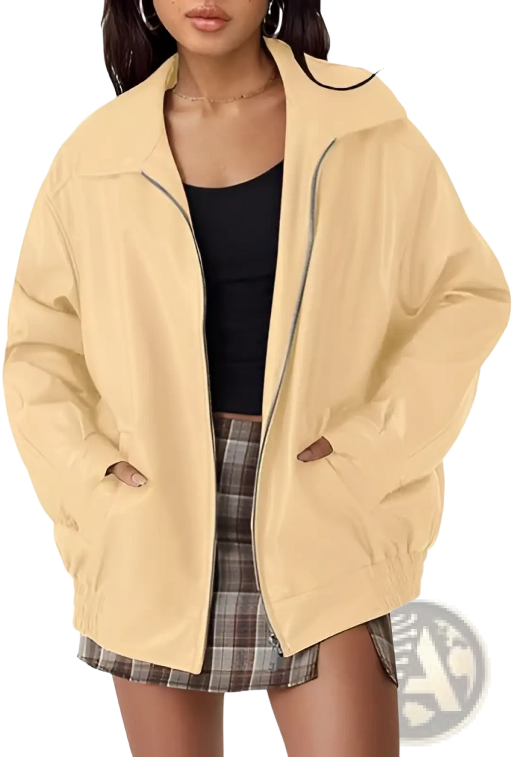 Beige faux leather motorcycle bomber jacket plus size womens with black zipper accents and ribbed cuffs