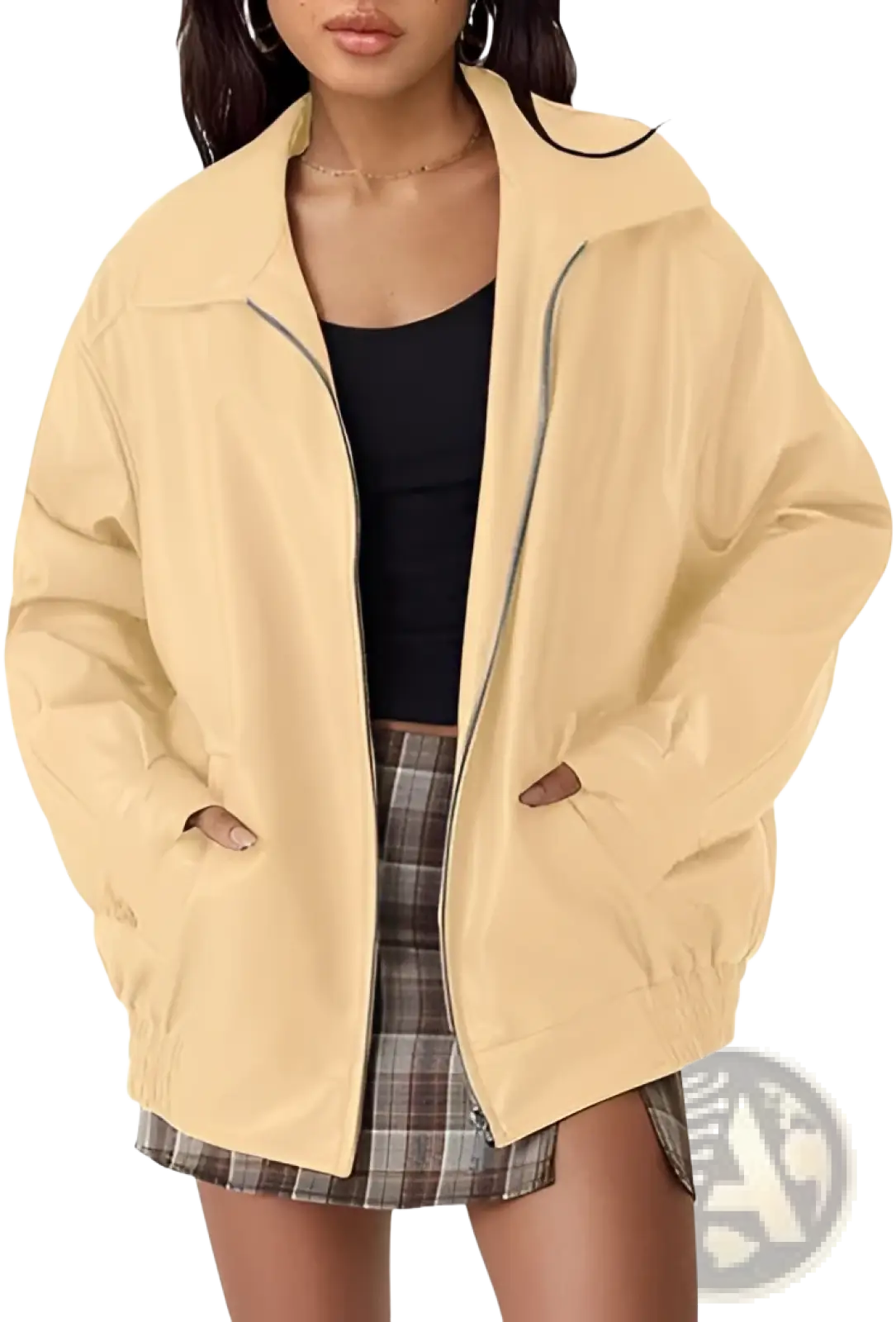 Beige faux leather motorcycle bomber jacket plus size womens with black zipper accents and ribbed cuffs