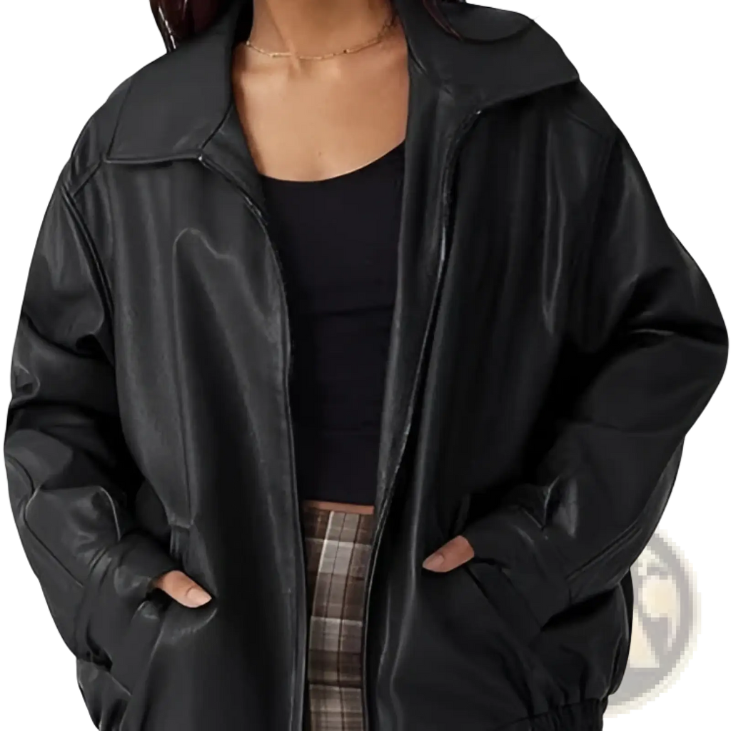 Black faux leather motorcycle bomber jacket plus size womens with high collar and front zipper closure