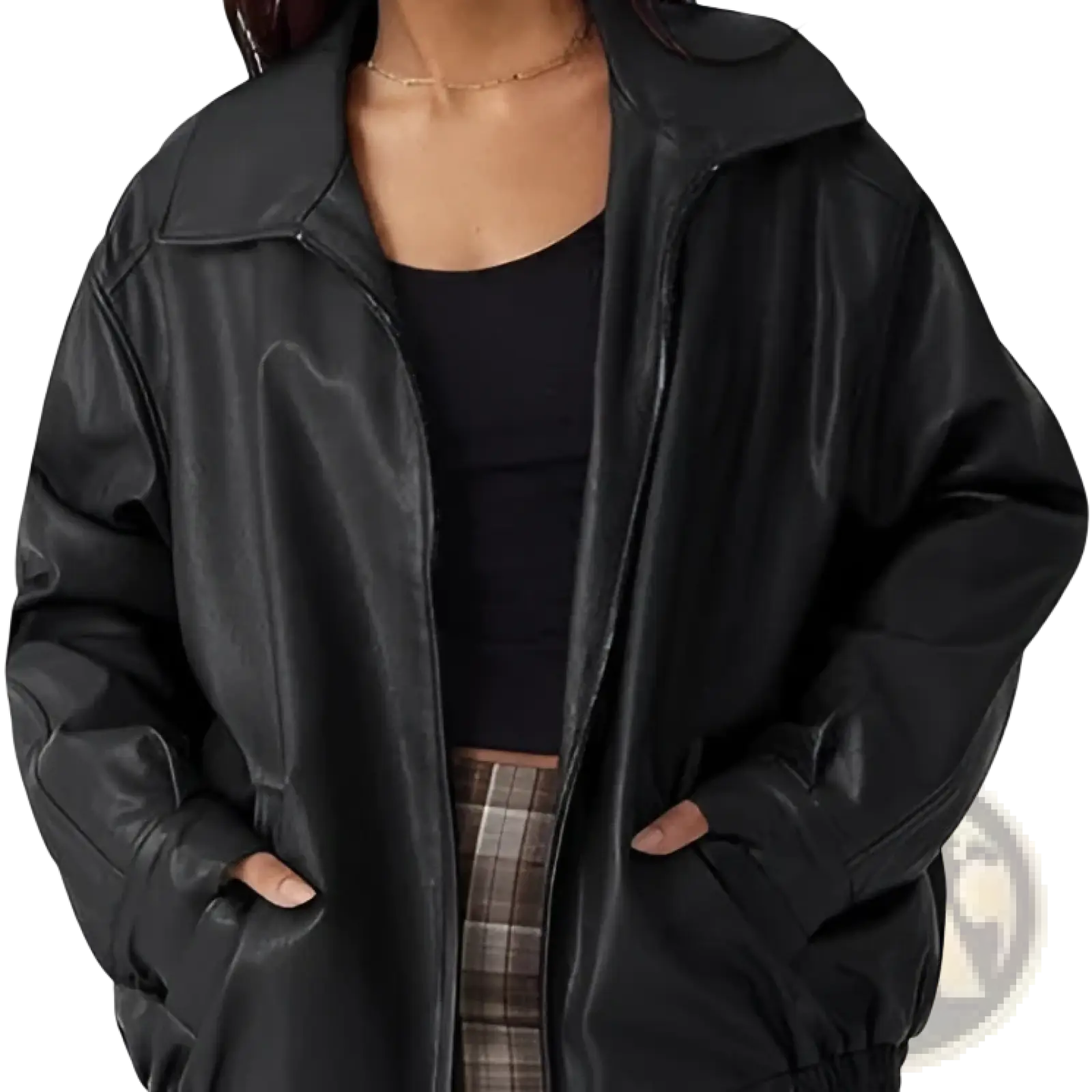 Black faux leather motorcycle bomber jacket plus size womens with high collar and front zipper closure
