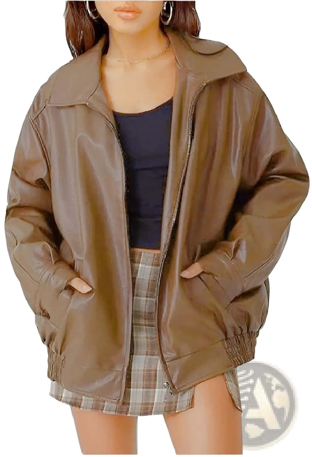 Brown faux leather motorcycle bomber jacket plus size womens with zipper front and elastic cuffs