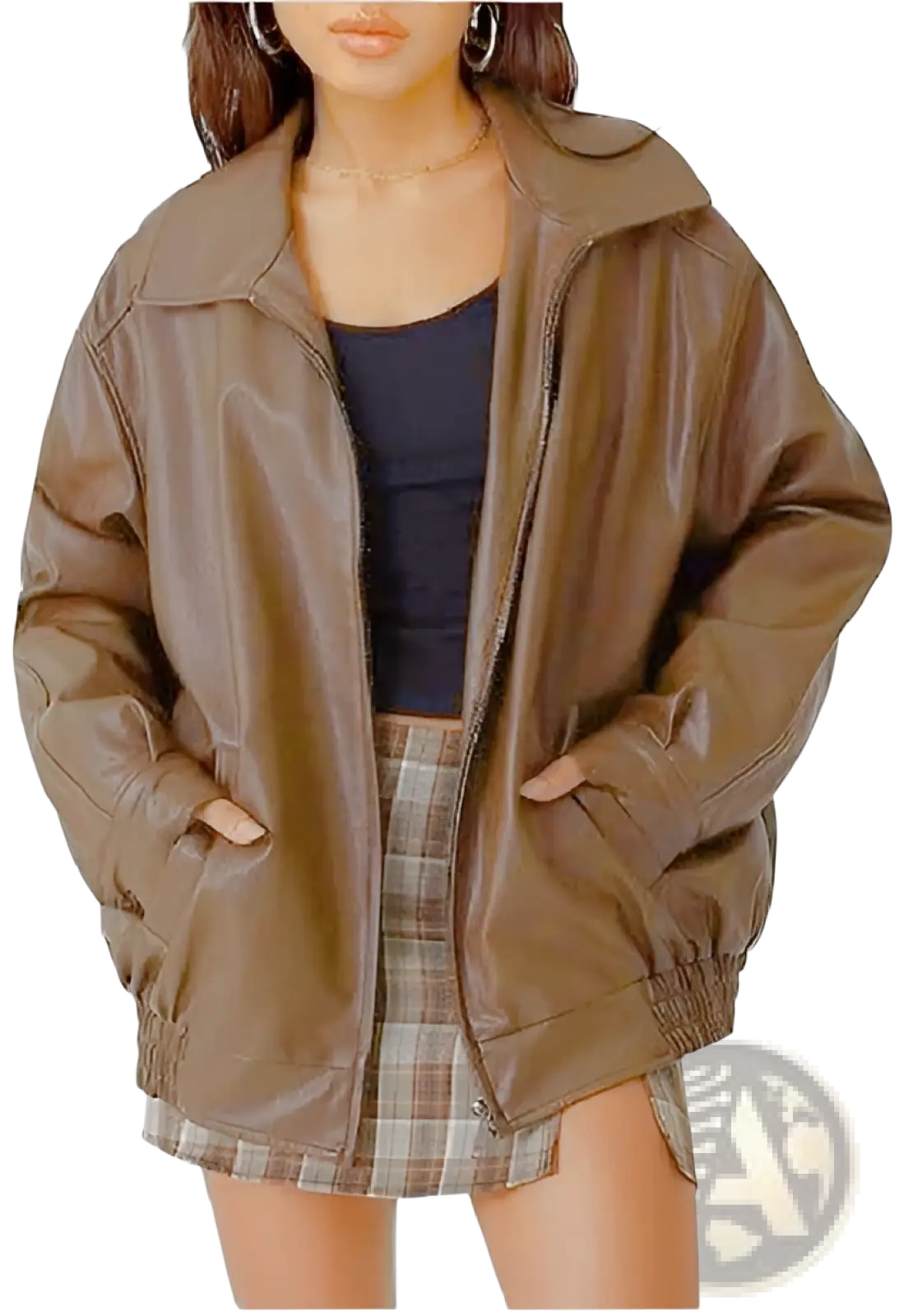 Brown faux leather motorcycle bomber jacket plus size womens with zipper front and elastic cuffs