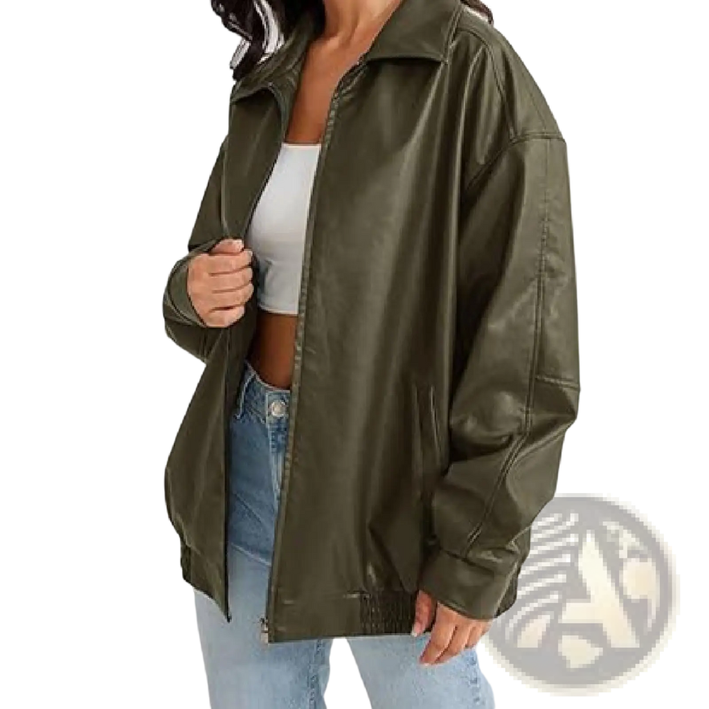 Olive green faux leather women’s bomber jacket with classic collar and front zipper in plus size for motorcycle style