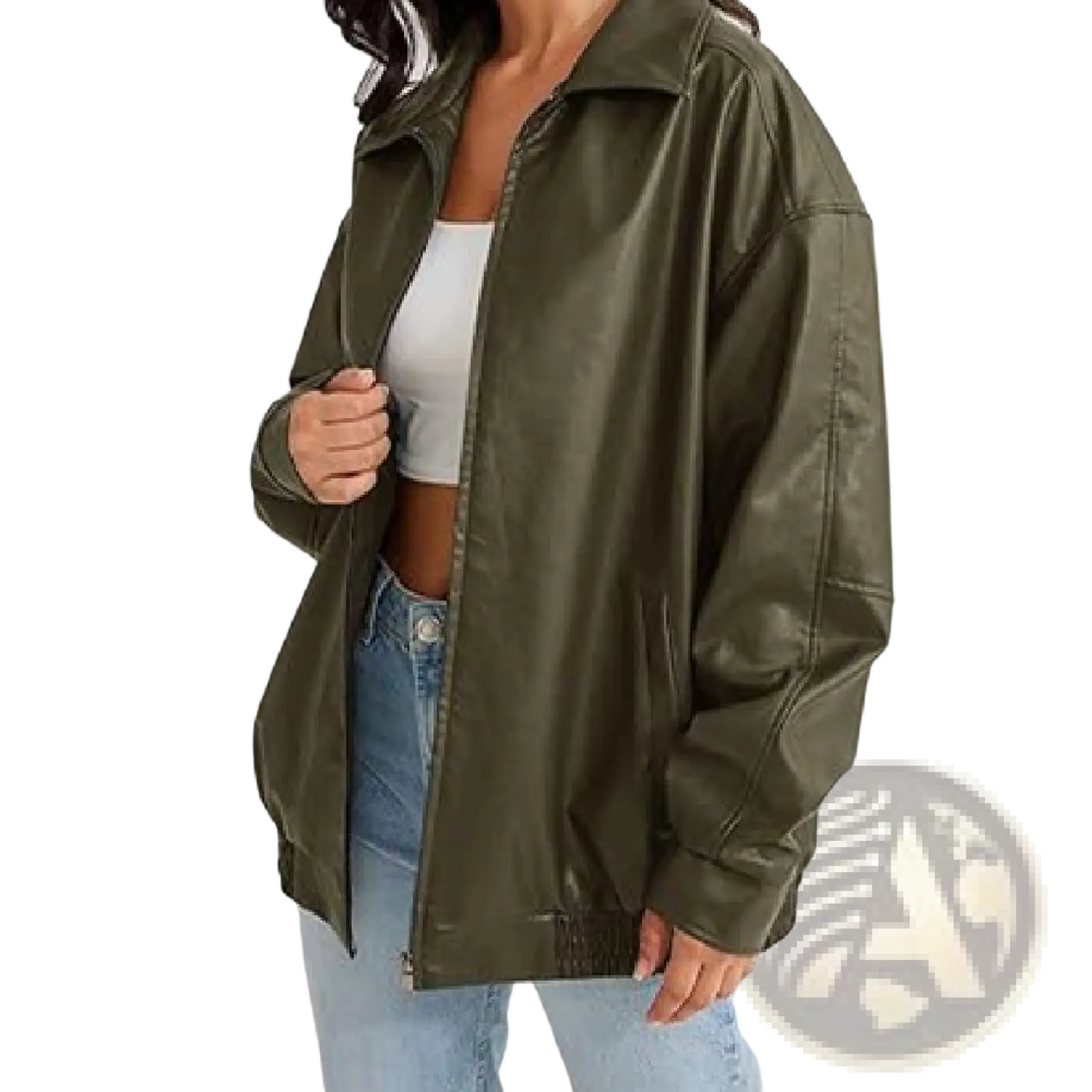 Olive green faux leather women’s bomber jacket with classic collar and front zipper in plus size for motorcycle style