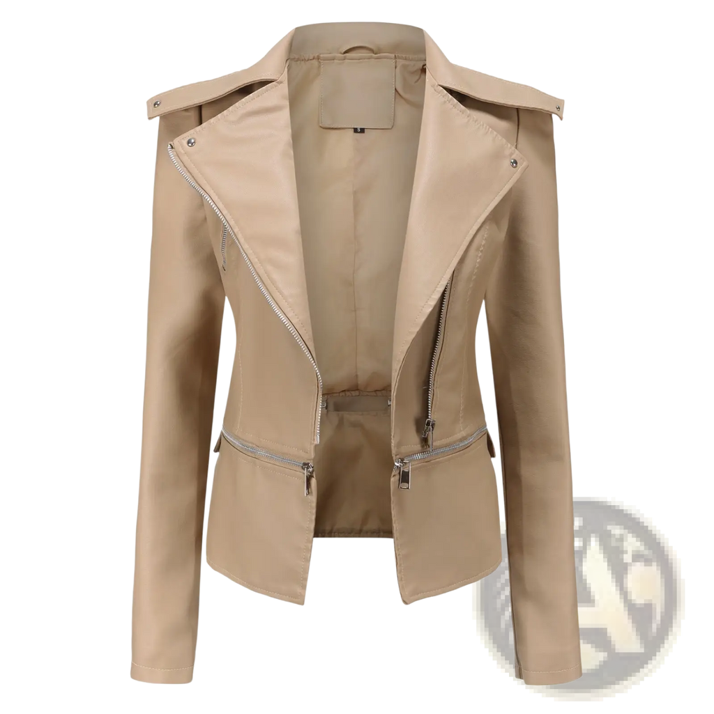 Beige faux leather motorcycle jacket with silver zippers and structured shoulders slim fit biker coat