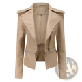 Beige faux leather motorcycle jacket with silver zippers and structured shoulders slim fit biker coat