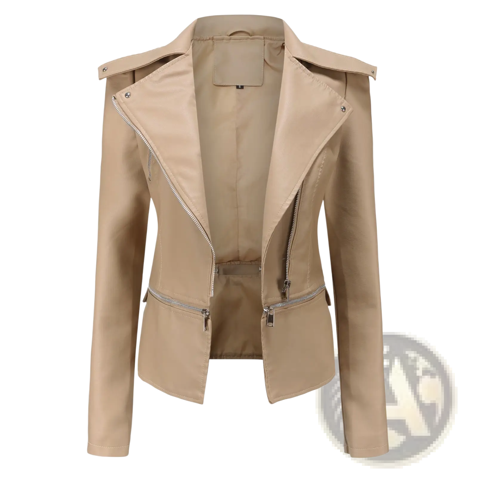 Beige faux leather motorcycle jacket with silver zippers and structured shoulders slim fit biker coat