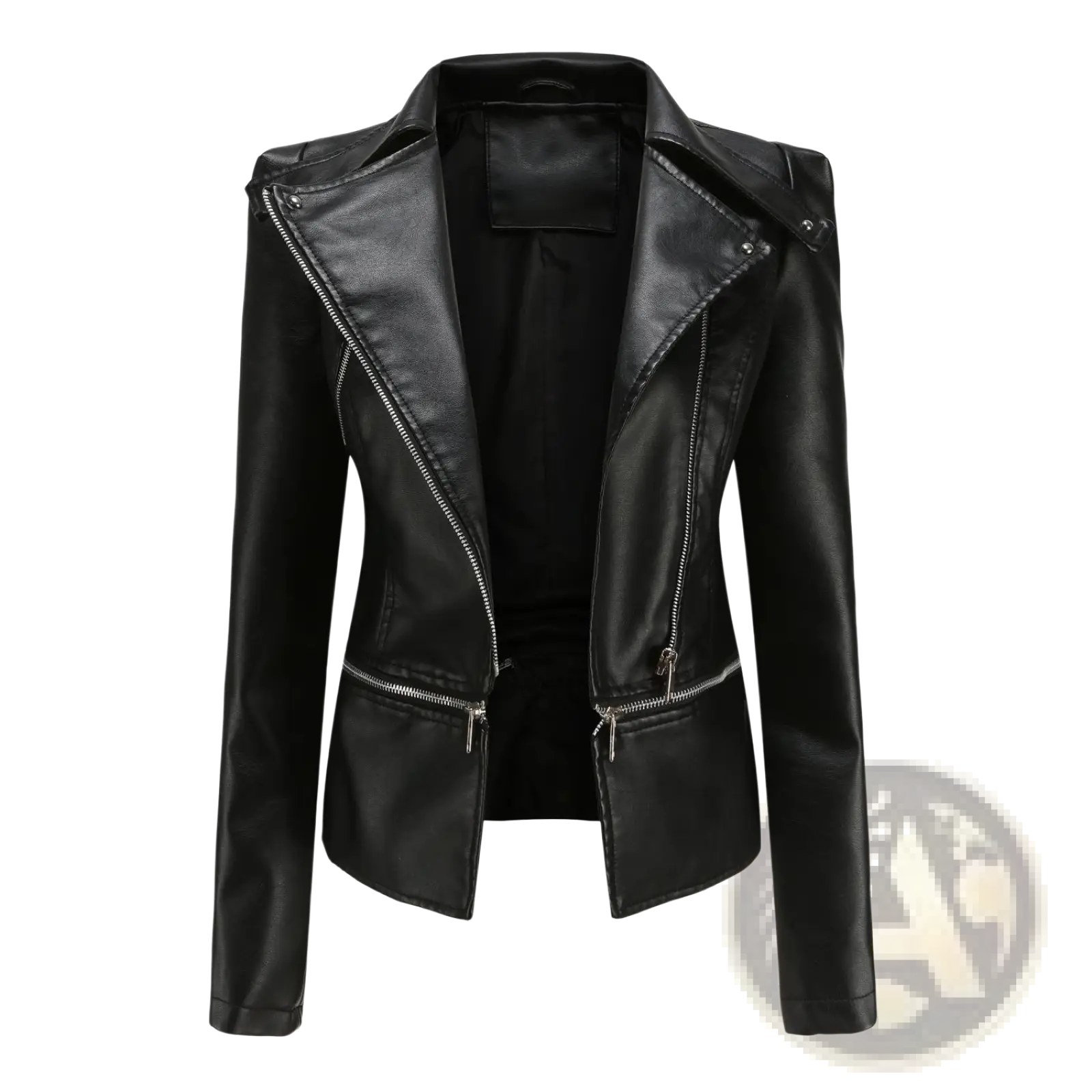 Black slim fit faux leather motorcycle jacket with silver zippers and structured collar for a biker coat look
