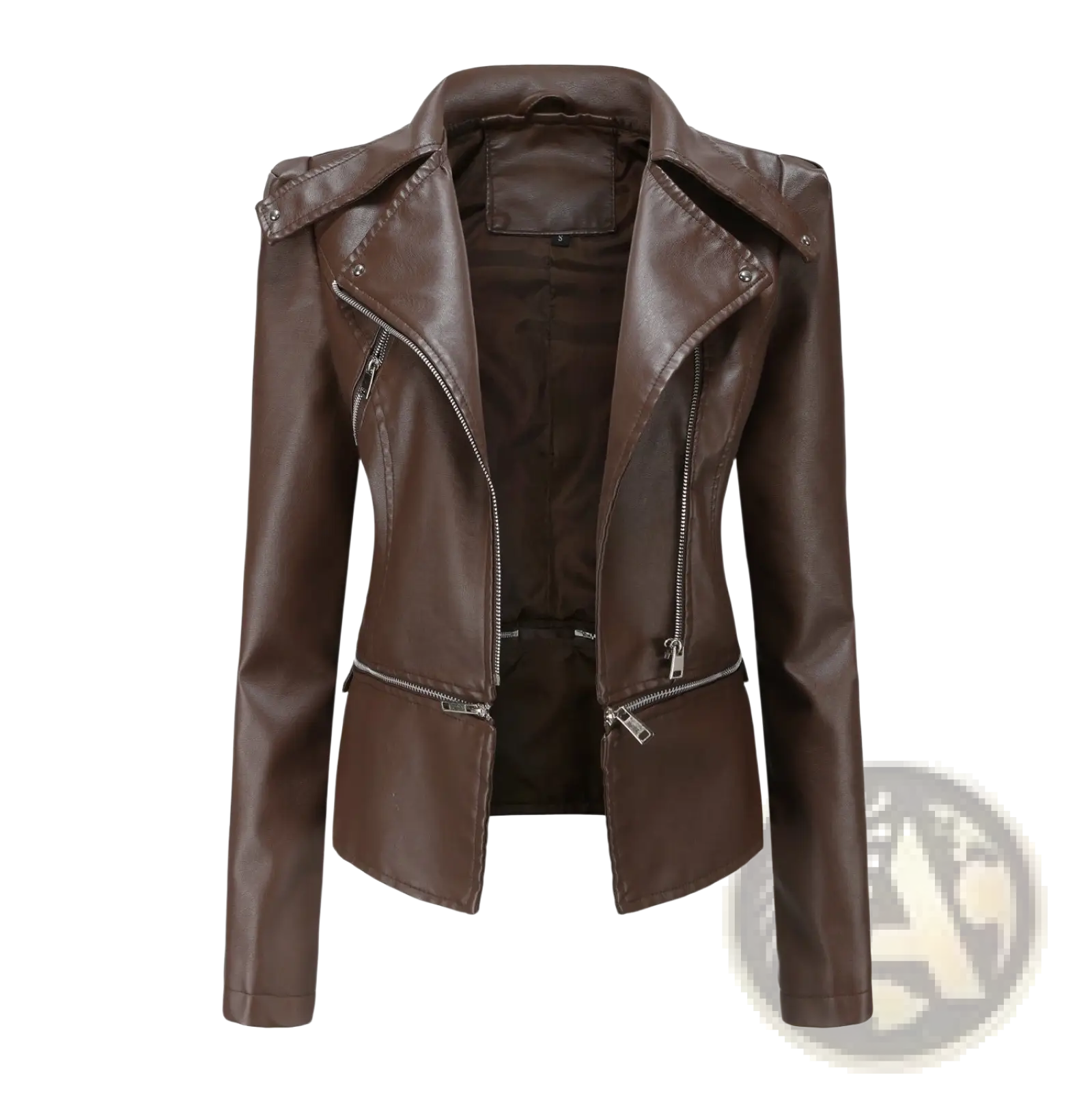 Brown faux leather motorcycle jacket with slim fit silver zippers and structured shoulders for biker style