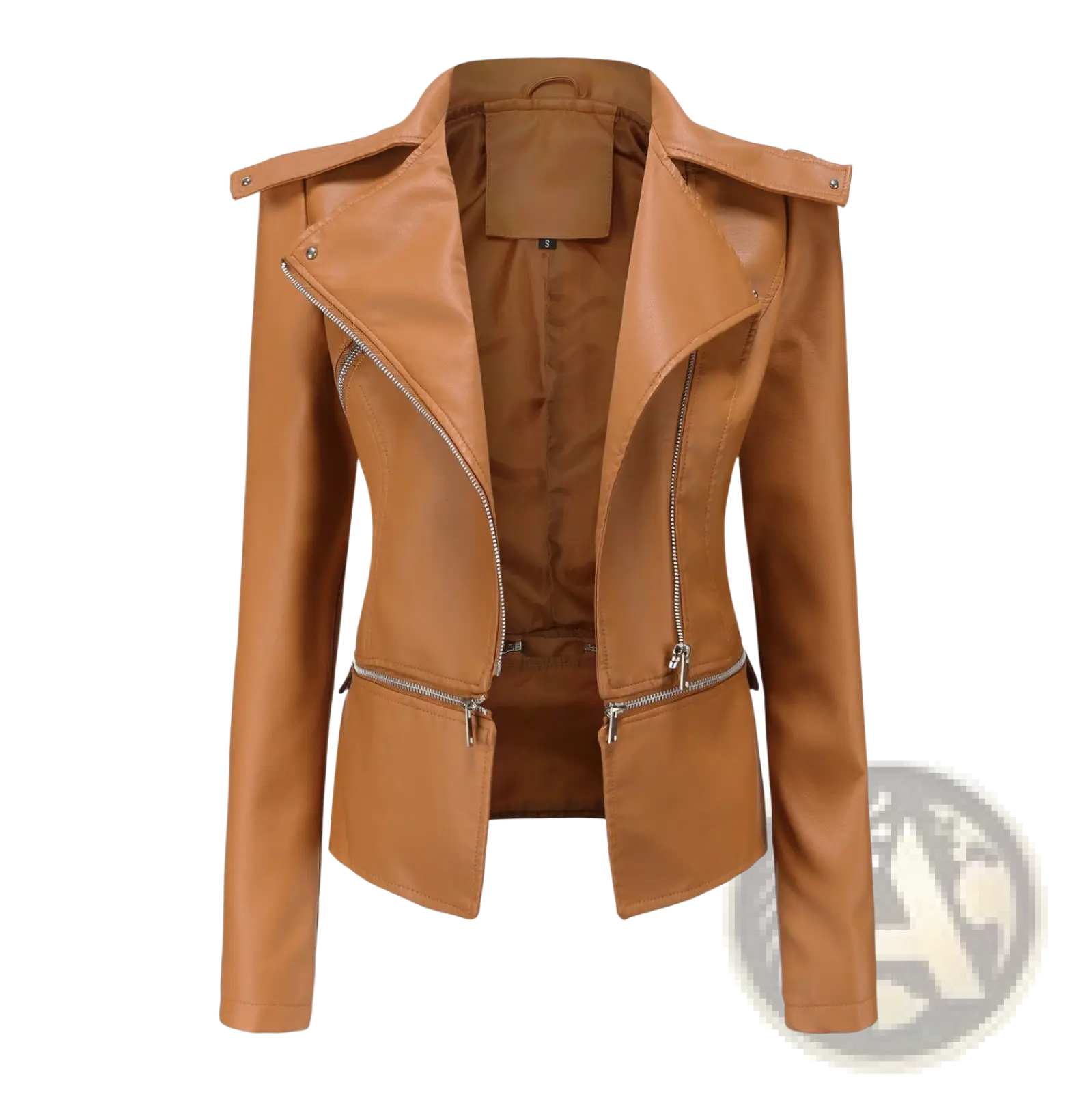 Tan faux leather slim fit biker jacket with silver zippers and shoulder epaulets for motorcycle style wear
