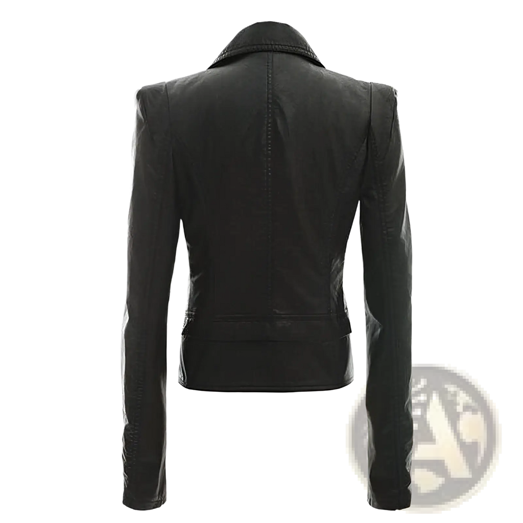 Black faux leather motorcycle jacket slim fit biker coat with classic collar and seam detailing