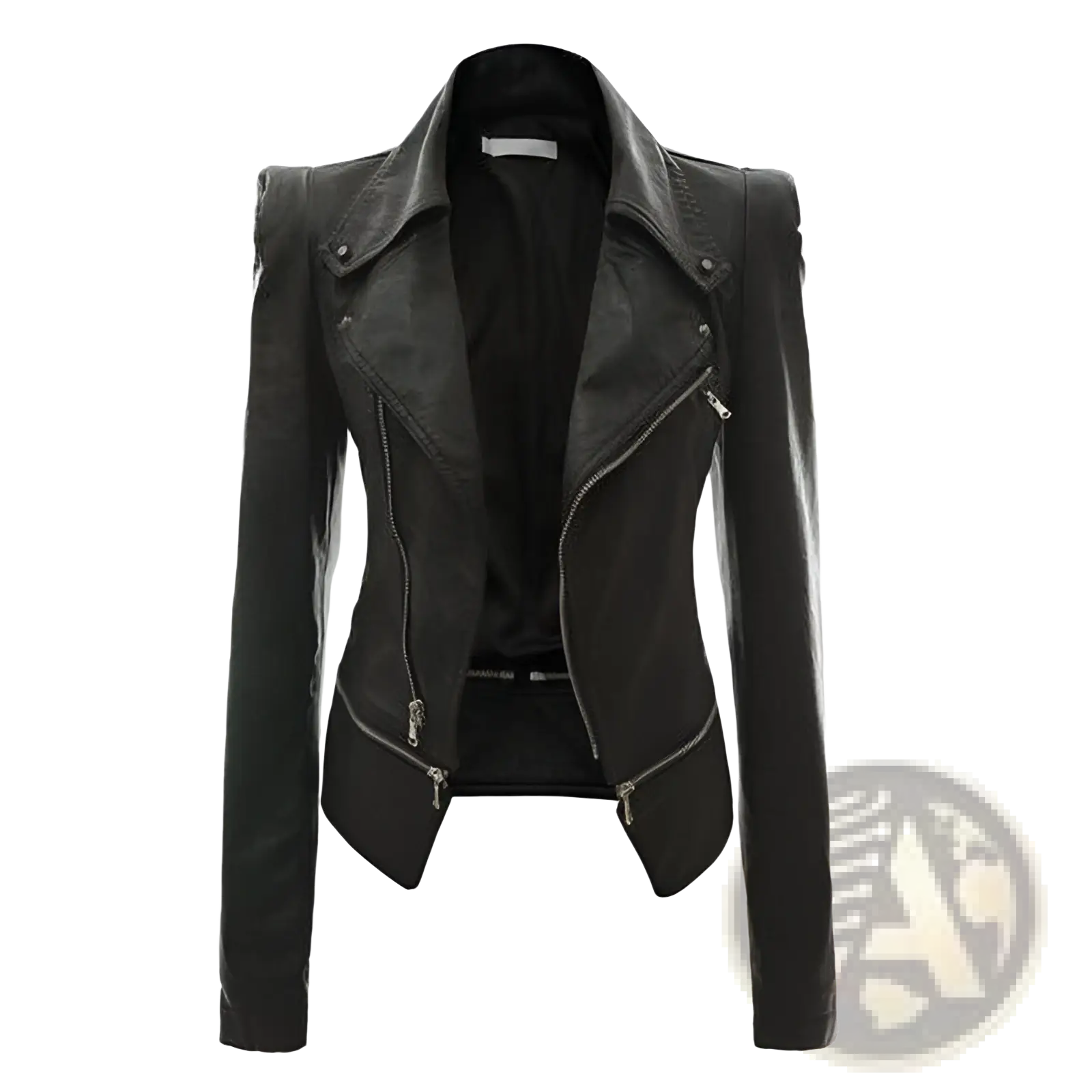 Black leather slim fit biker jacket with silver zippers and structured shoulders for motorcycle use