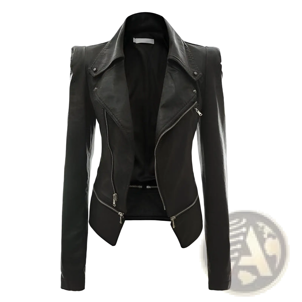 Black leather slim fit biker jacket with silver zippers and structured shoulders for motorcycle use