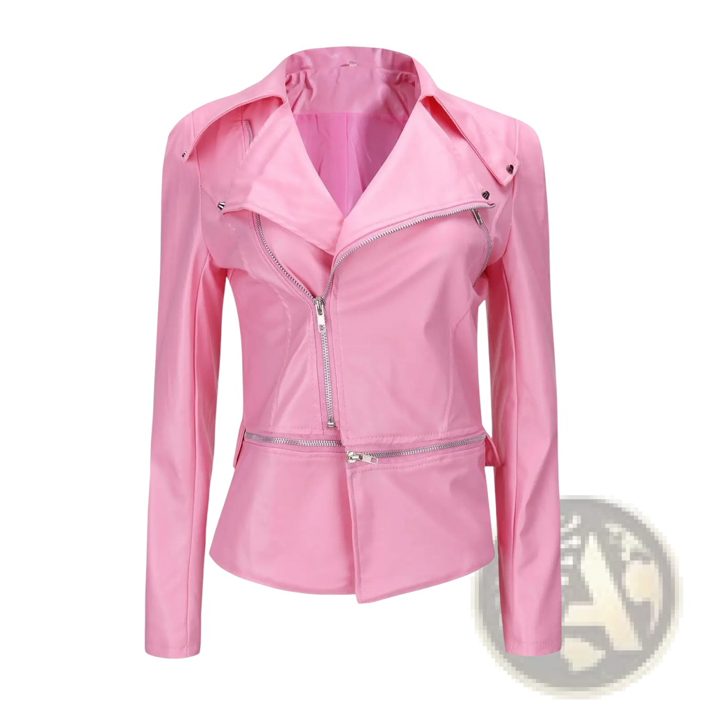 Pink faux leather slim fit biker jacket with silver zippers and peplum hem for motorcycle style and comfort