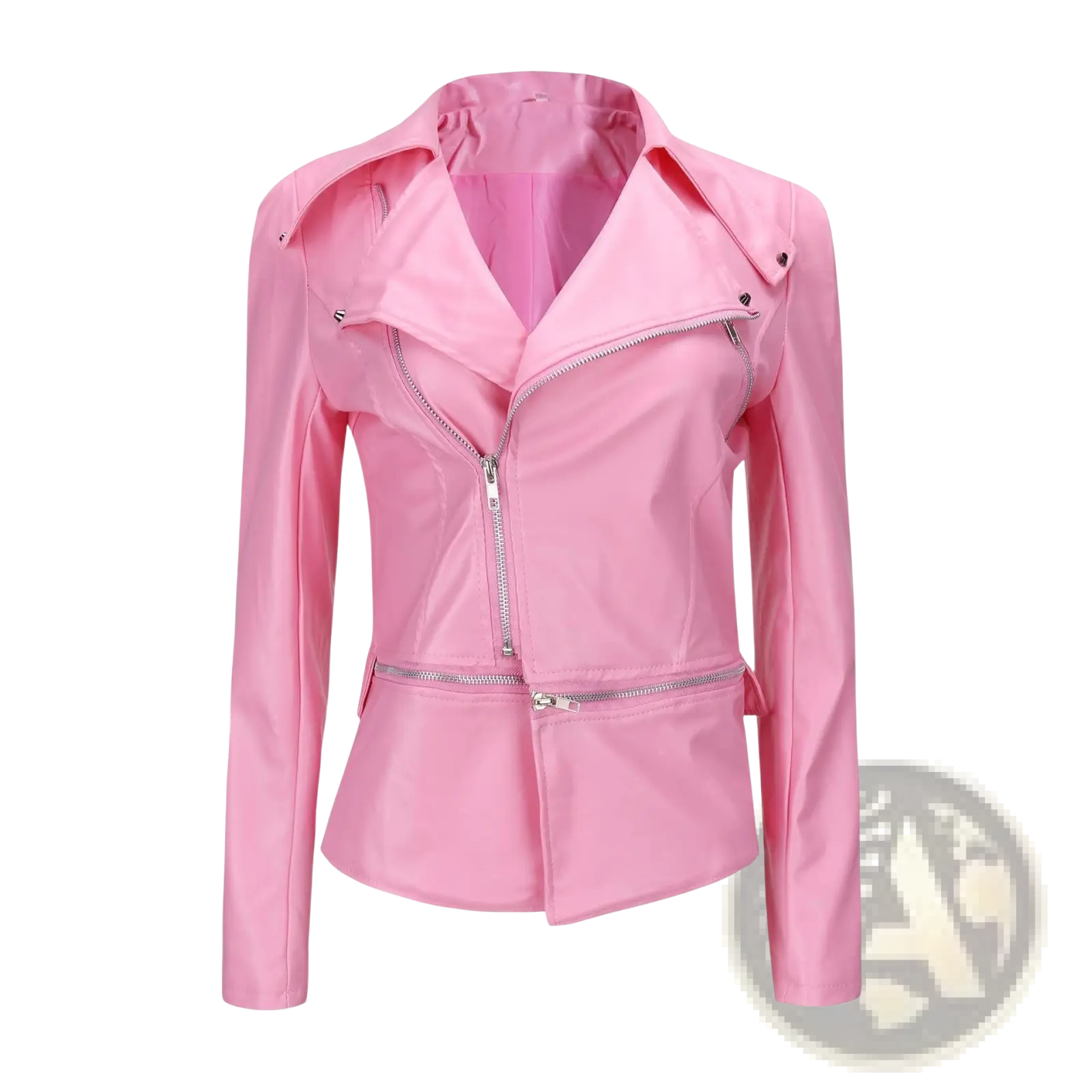 Pink faux leather slim fit biker jacket with silver zippers and peplum hem for motorcycle style and comfort