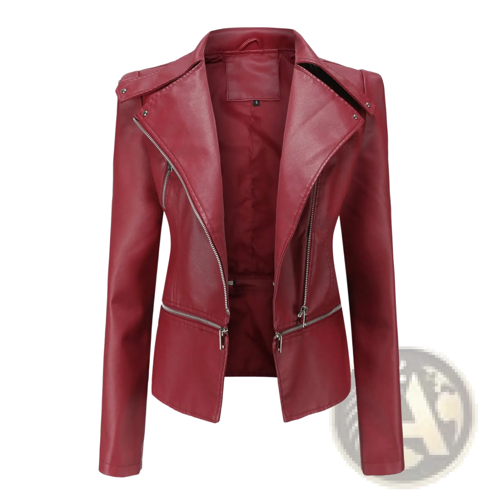 A sleek crimson slim fit faux leather motorcycle jacket with silver zippers and structured shoulders