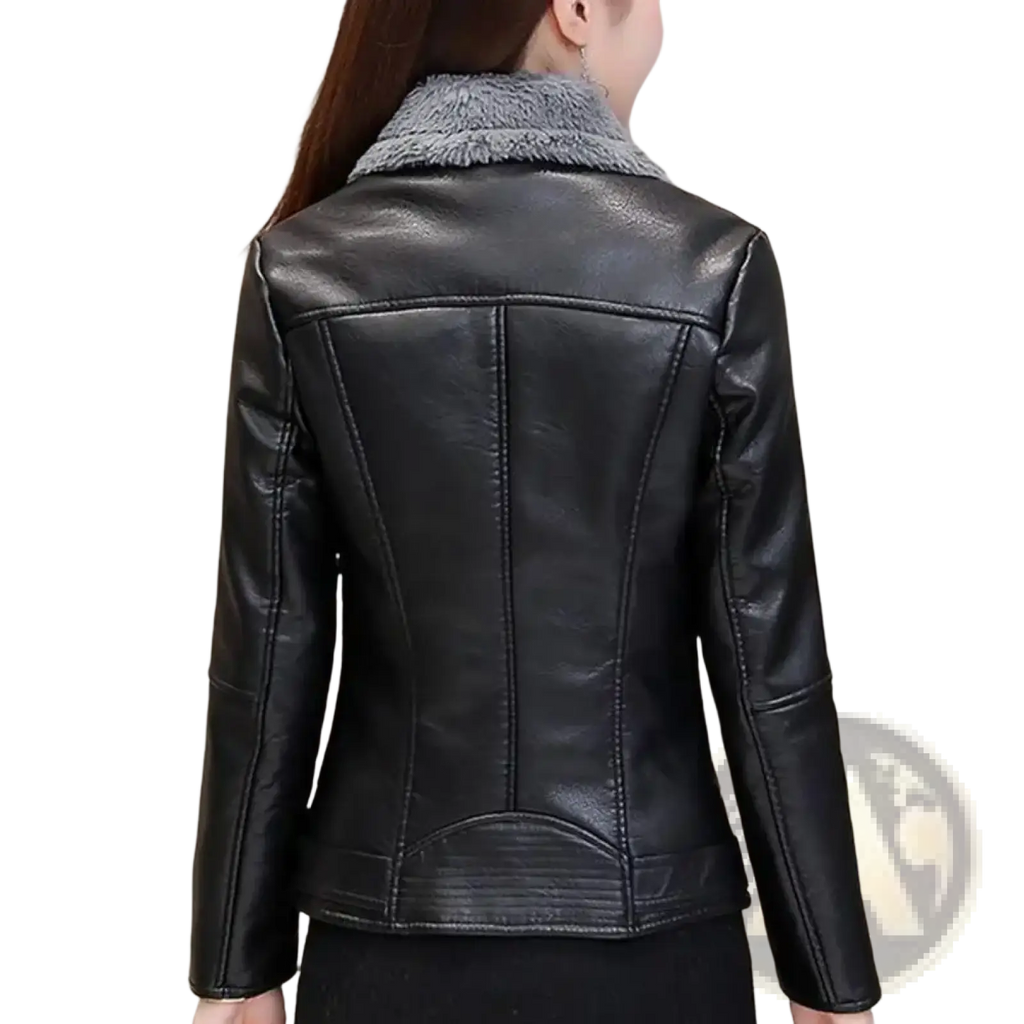Black faux leather moto jacket for women with a plush gray shearling collar for added warmth and style