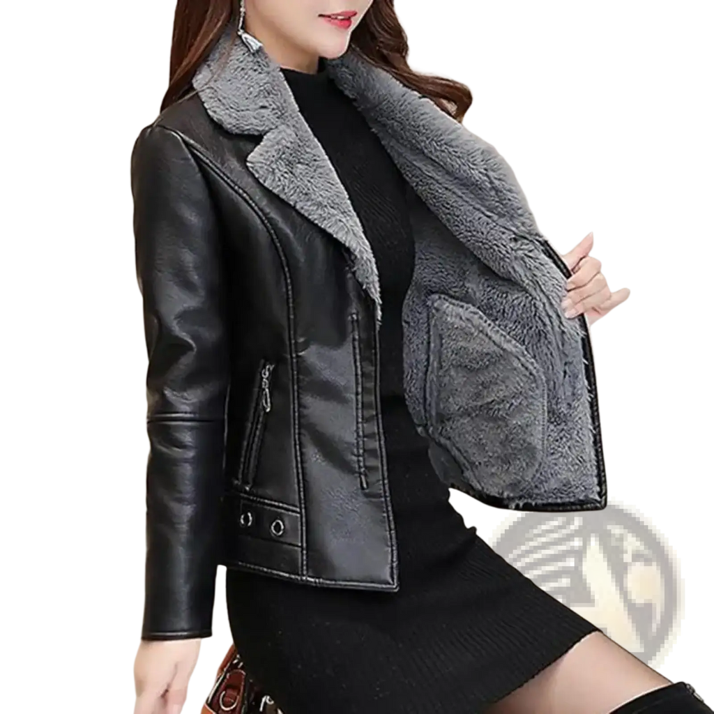 Black faux leather shearling moto jacket for women with plush gray collar and lining for warmth and style