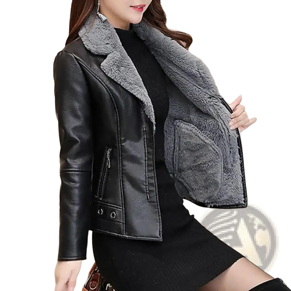 Black faux leather shearling moto jacket for women with plush gray collar and lining for warmth and style