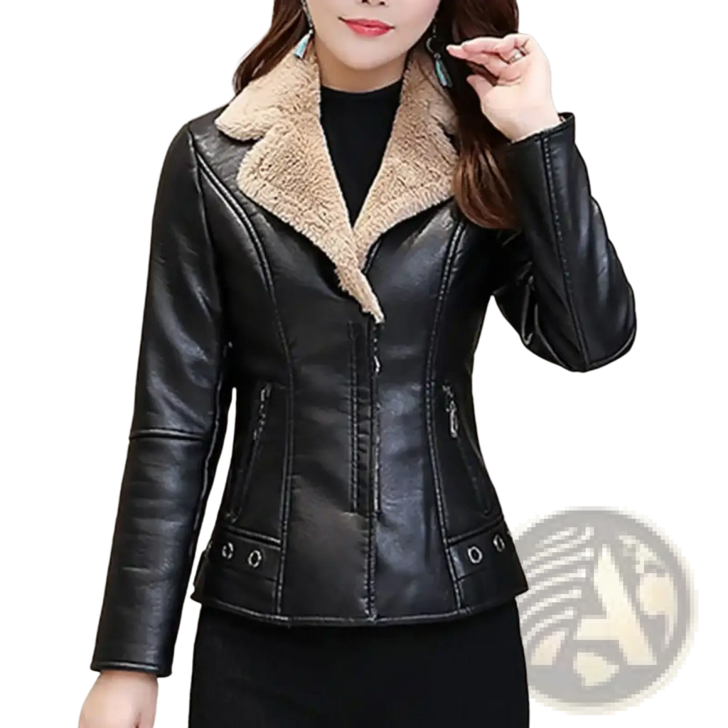 Black faux leather moto jacket for women with plush beige shearling collar and front zipper closure