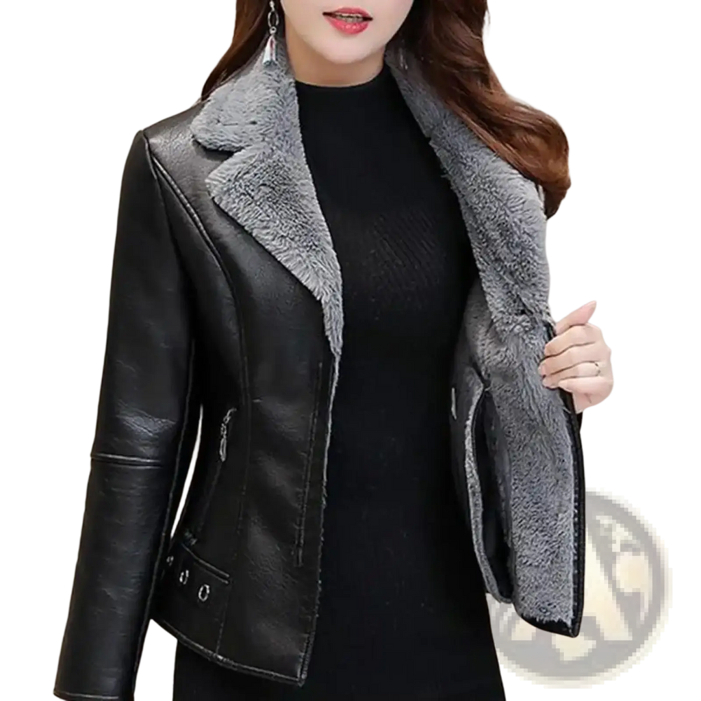 Black faux leather shearling moto jacket for women with a plush gray collar and front zipper closure