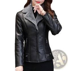 Black faux leather moto jacket for women with plush gray shearling collar and front zipper closure