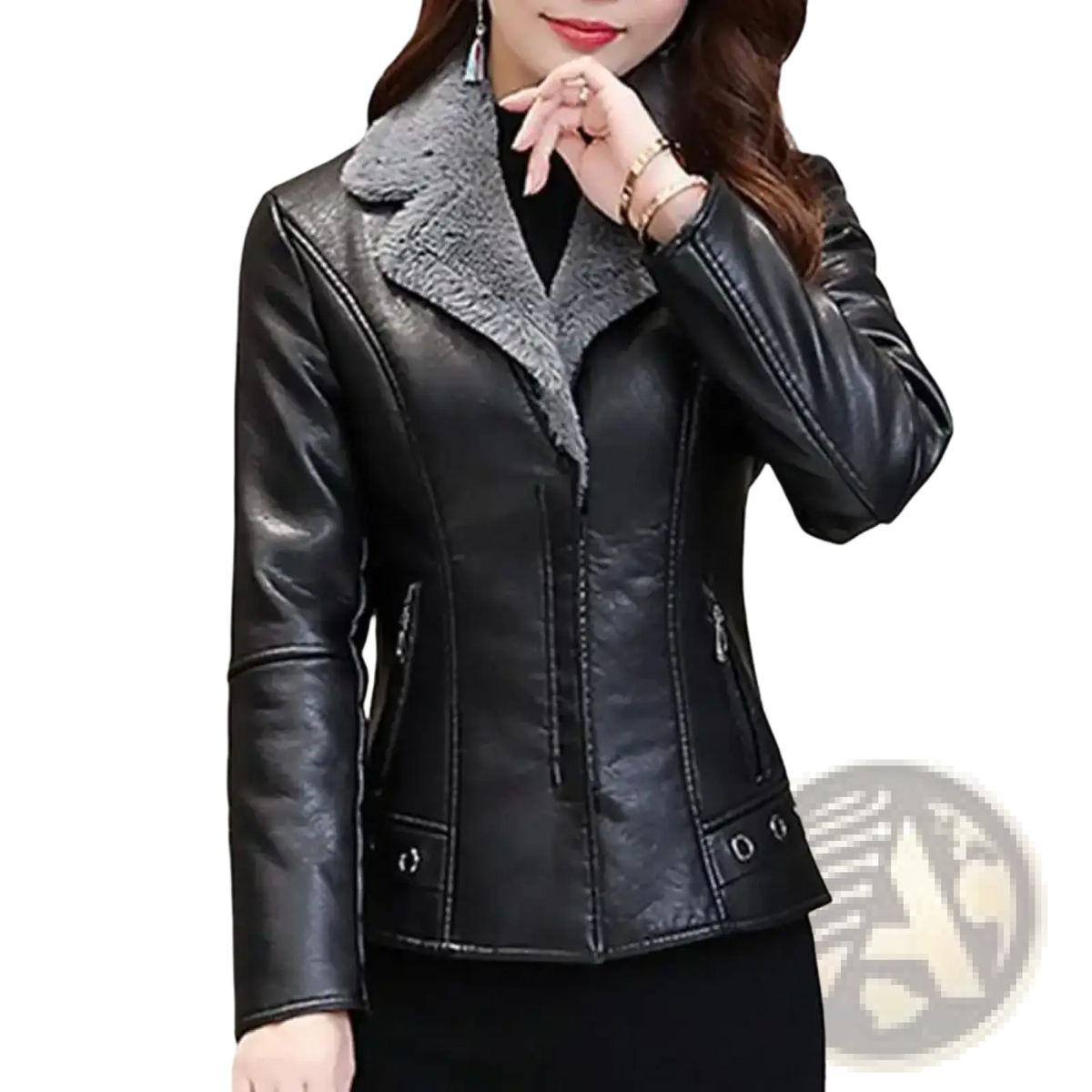 Black faux leather moto jacket for women with plush gray shearling collar and front zipper closure