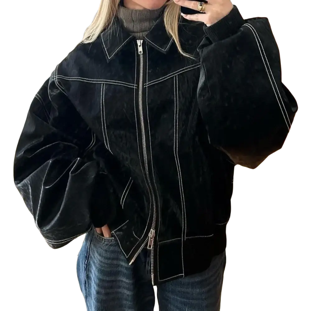Black velvet faux leather bomber jacket for women with white stitching and front zipper streetwear design