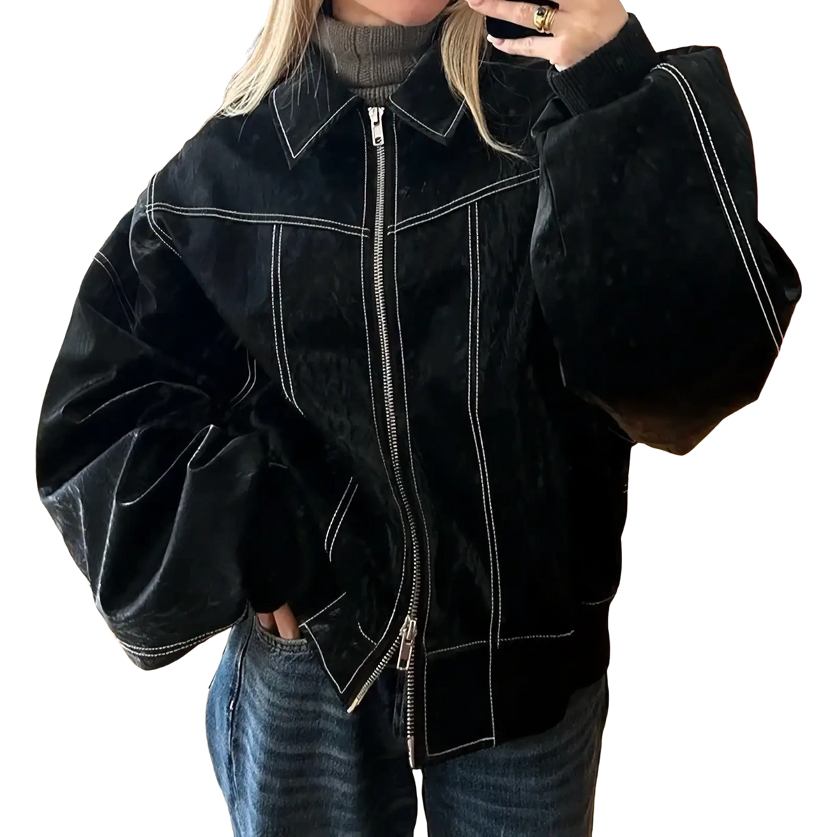 Black velvet faux leather streetwear bomber jacket for women with white contrast stitching and front zipper closure
