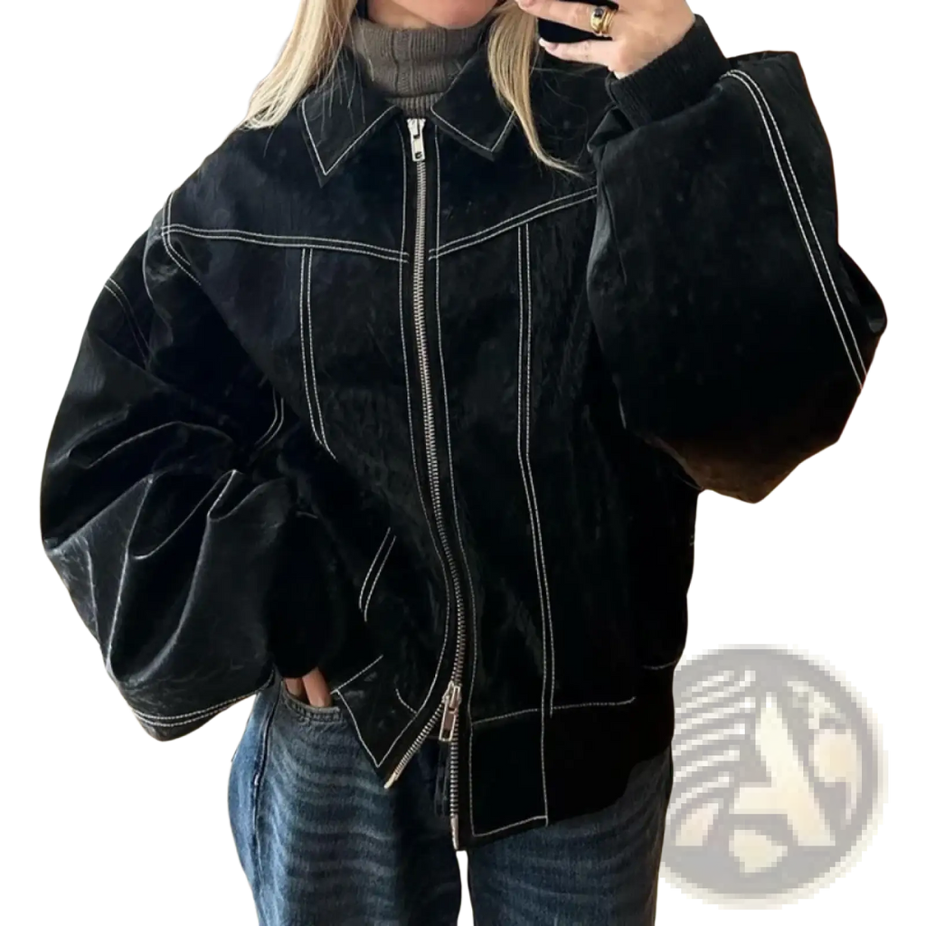 Black velvet faux leather bomber jacket for women with white stitching and front zipper streetwear design