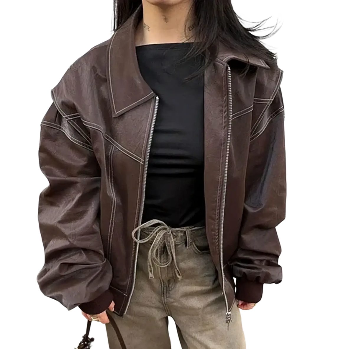Brown faux leather streetwear jacket for women with contrasting white stitching and relaxed oversized fit