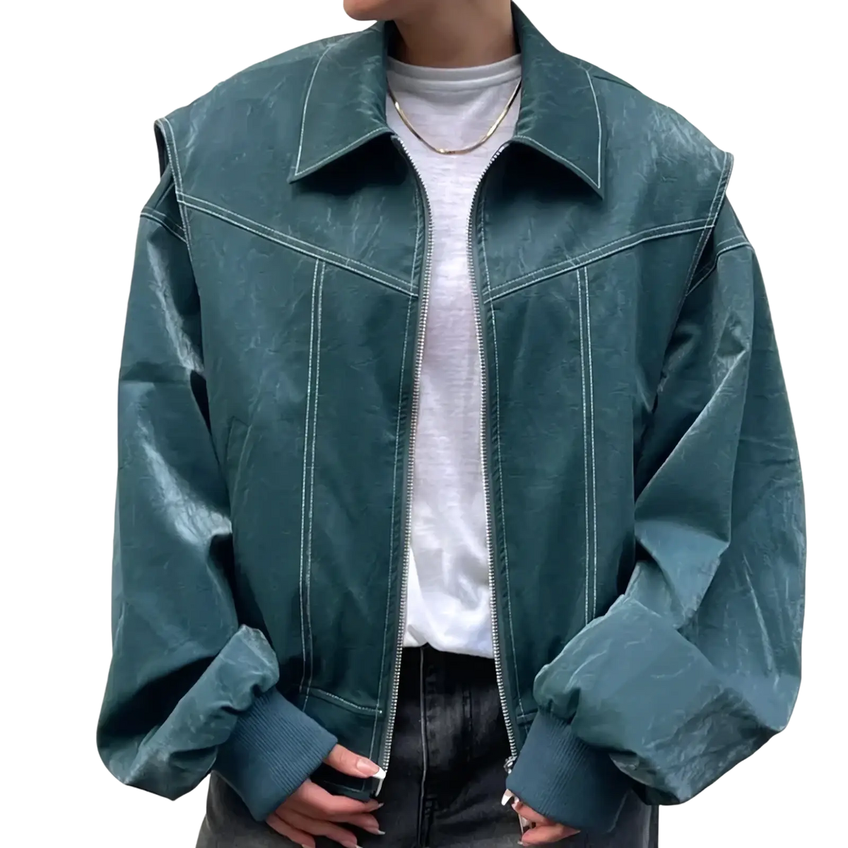 Dark teal faux leather bomber jacket for women with white stitching and front zipper in streetwear style