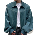 Dark teal faux leather bomber jacket for women with white stitching and front zipper in streetwear style