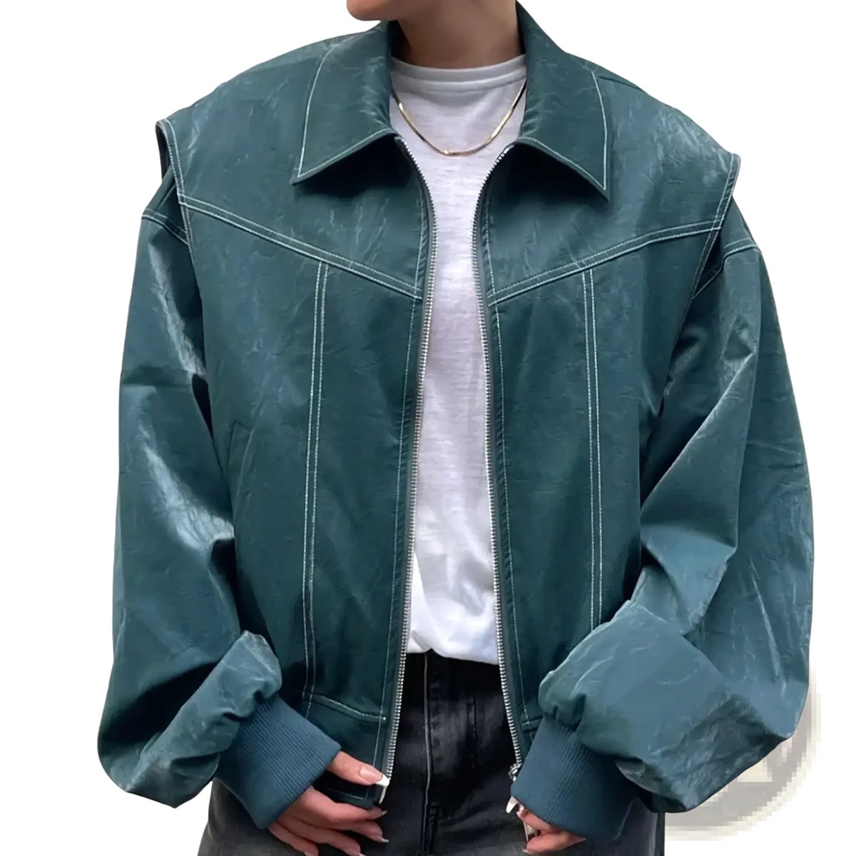 Dark teal faux leather bomber jacket for women with white stitching and front zipper in streetwear style