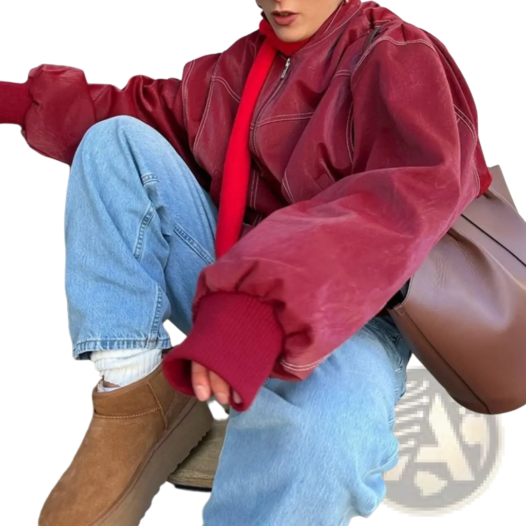 Red faux leather streetwear jacket for women with puffed sleeves and contrasting white stitching