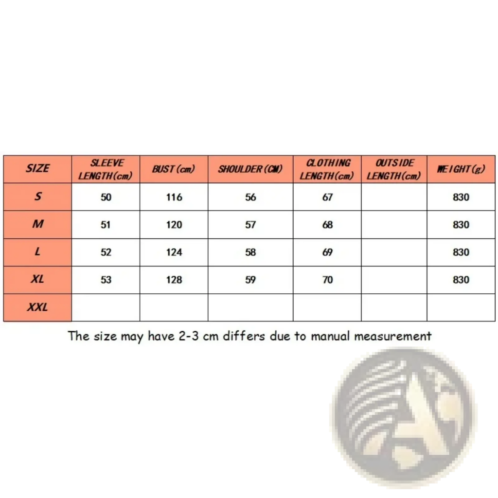 A size chart table with orange headers and black text listing measurements for sizes S through XXL for faux leather streetwear jacket women