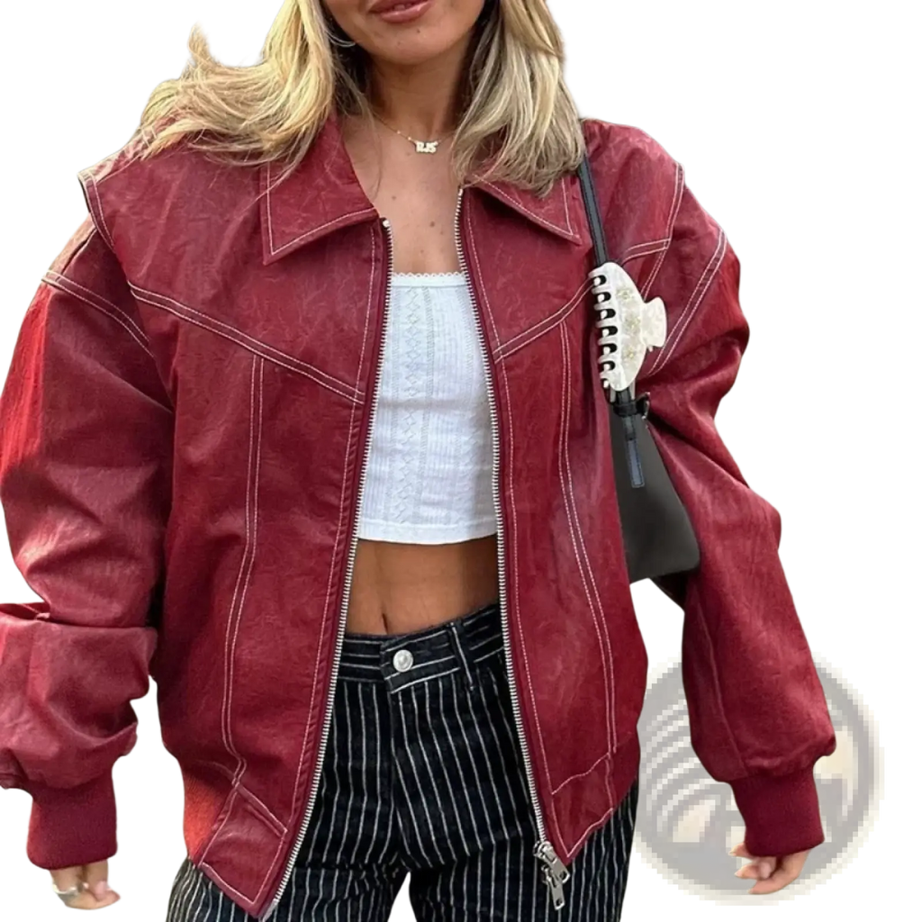 A textured deep red faux leather streetwear bomber jacket for women with white stitching and a zipper front