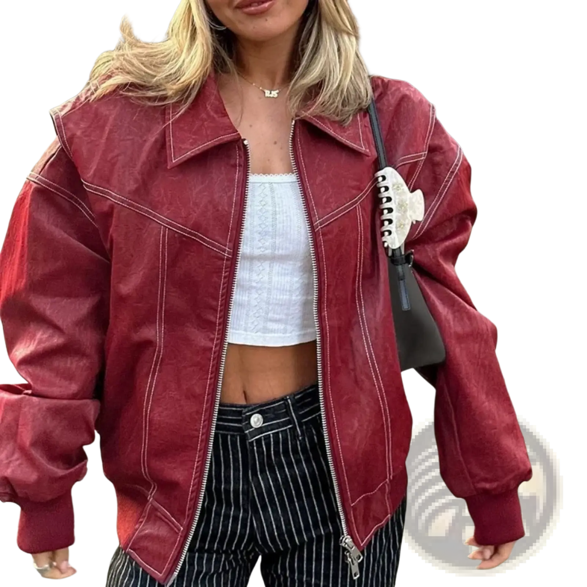 A textured deep red faux leather streetwear bomber jacket for women with white stitching and a zipper front