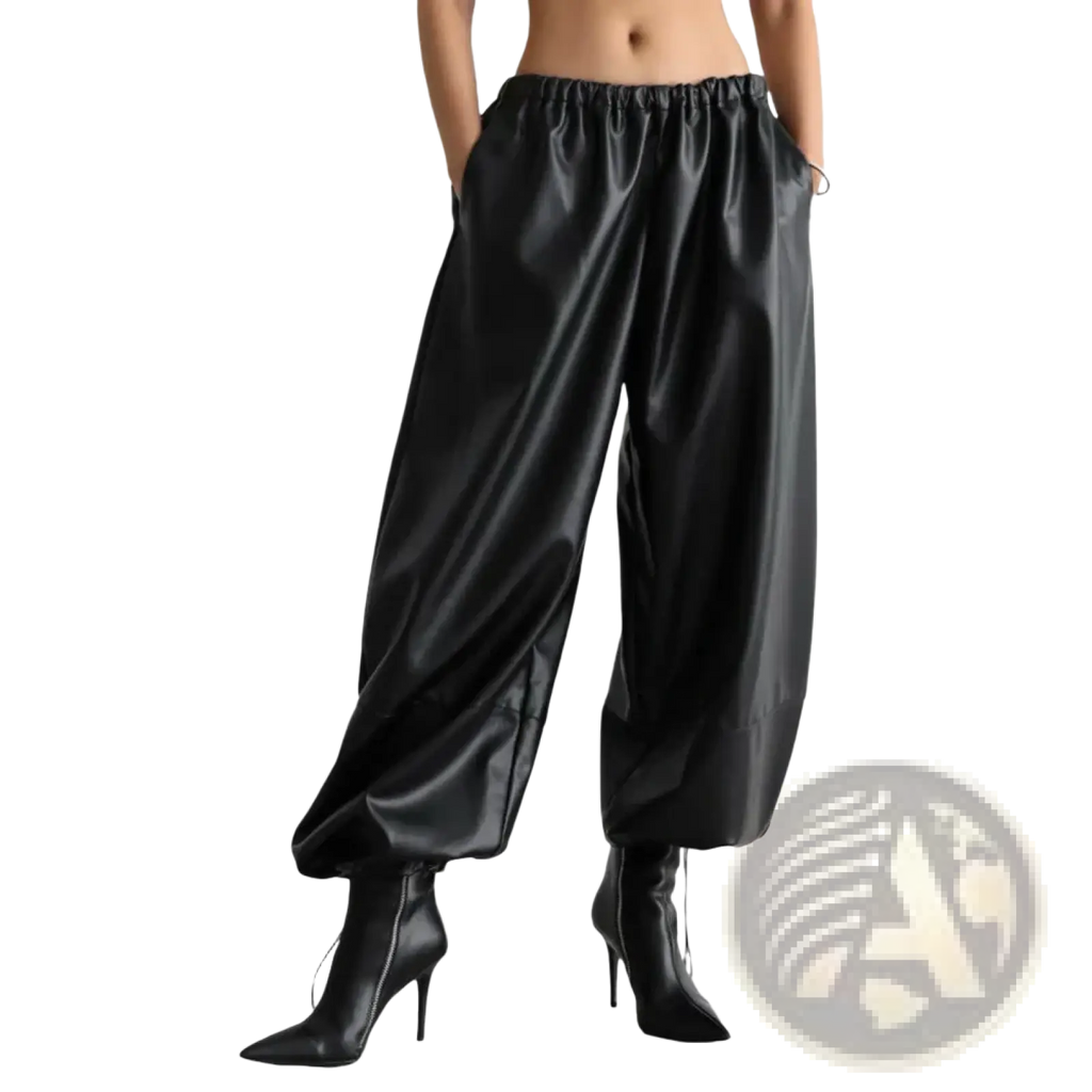 Black satin-like faux leather wide-leg tapered pants with elastic waistband and cuffs in front view