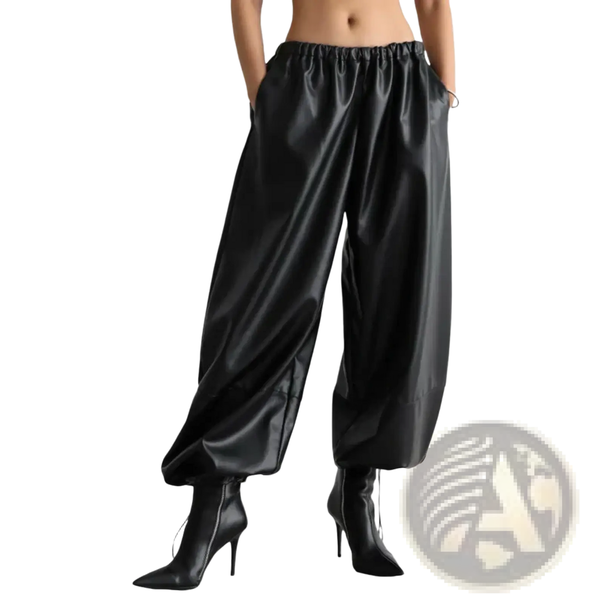 Black satin-like faux leather wide-leg tapered pants with elastic waistband and cuffs in front view