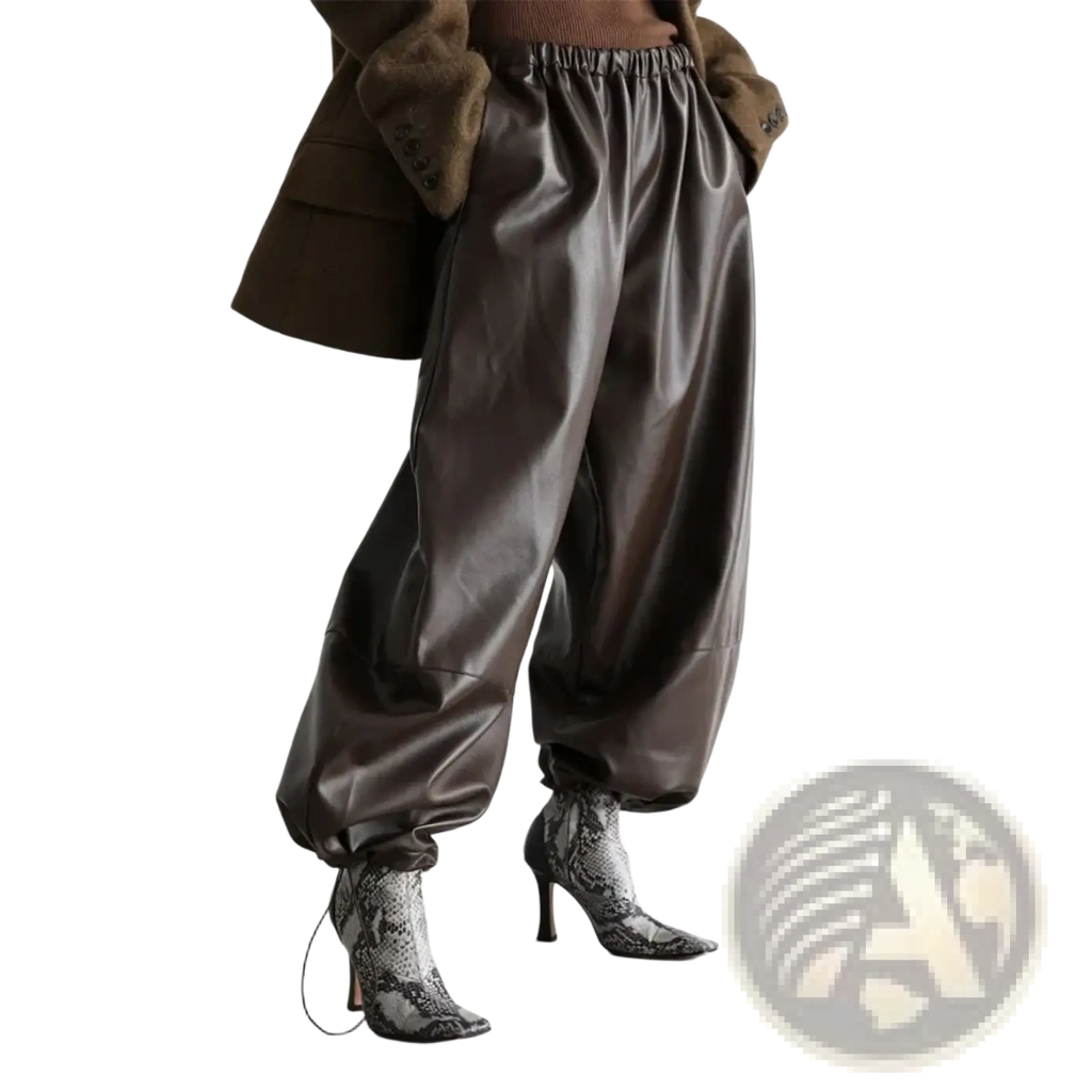 Dark brown faux leather tapered pants with wide legs elastic waistband and gathered cuffs in front view