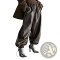 Dark brown faux leather tapered pants with wide legs elastic waistband and gathered cuffs in front view