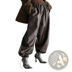 Dark brown faux leather tapered pants with wide legs elastic waistband and gathered cuffs in front view