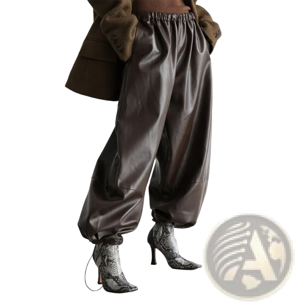 Dark brown faux leather tapered pants with wide legs elastic waistband and gathered cuffs in front view