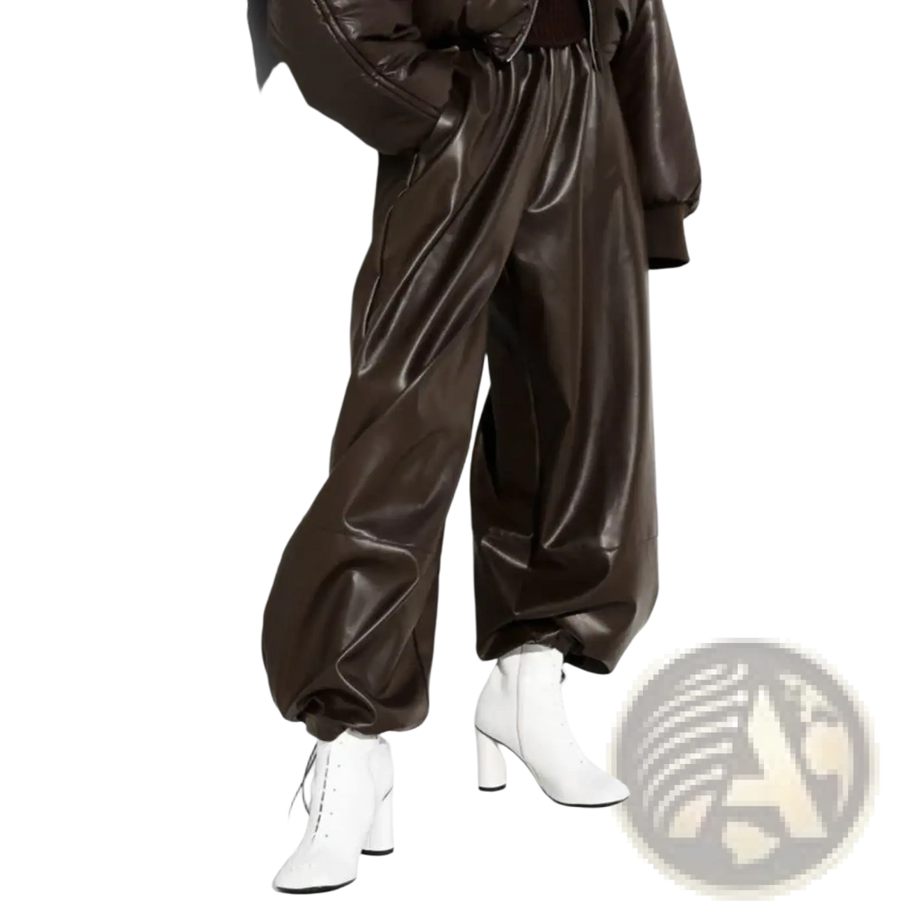 Brown faux leather tapered pants with wide-leg design, glossy finish, and elastic waistband for comfortable wear