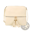 Cream-colored faux leather tassel crossbody bag with smooth finish and gold-tone zipper pull detail