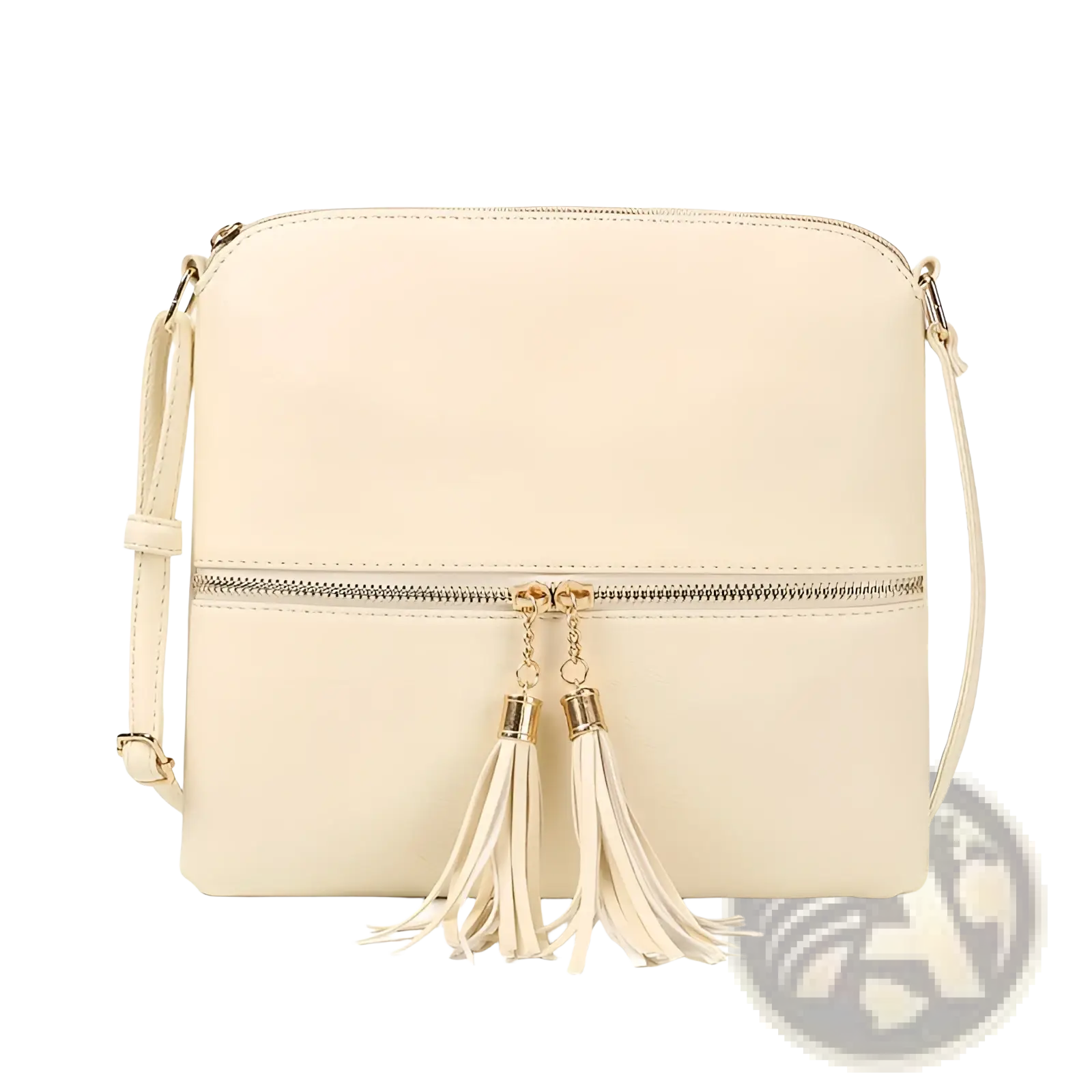 Cream-colored faux leather tassel crossbody bag with smooth finish and gold-tone zipper pull detail