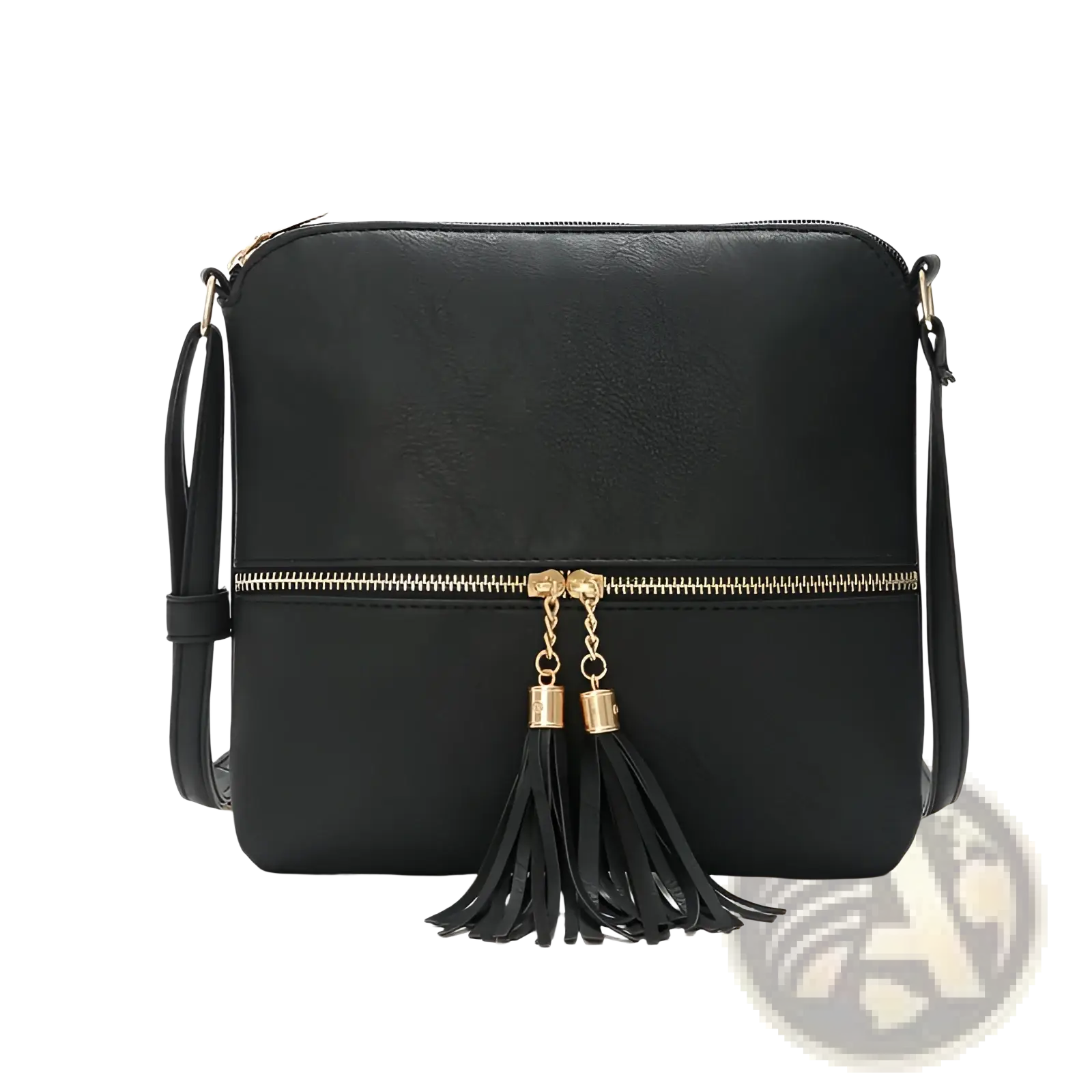 Black faux leather crossbody bag with textured finish featuring gold-toned zipper and matching tassel detail